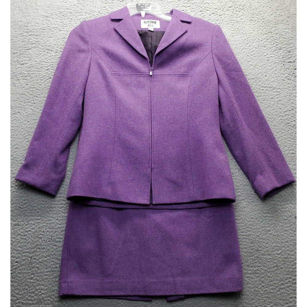 Kasper ASL 2 Piece Set Skirt & Blazer Womens 6 Purple Lined Wool Blend Full Zip